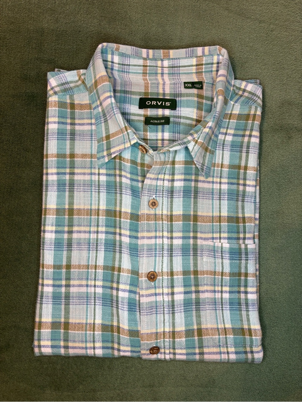 Orvis Plaid Button-Down Shirt in Teal, Brown & White, Size: XXL. (6402)